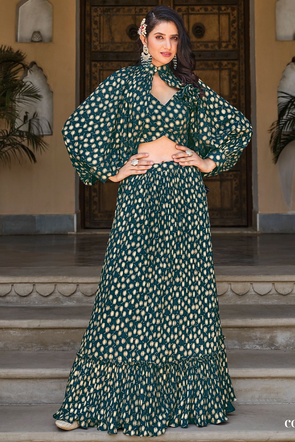 Bottle Green Printed Georgette Lehenga Set 