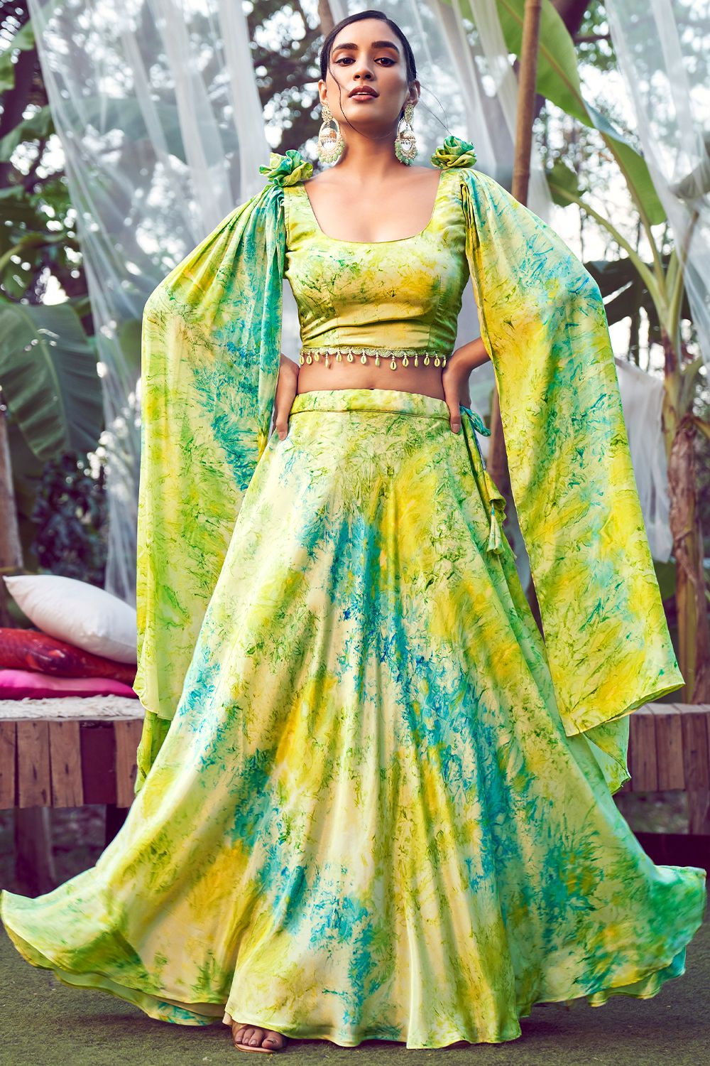 Yellow and Green Printed Silk Lehenga Set With Shoulder Dupatta