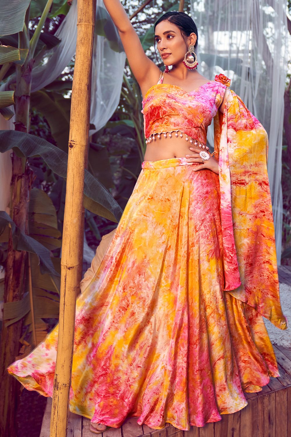 Orange  Multicolor Printed Silk Lehenga Set With Shoulder Dupatta