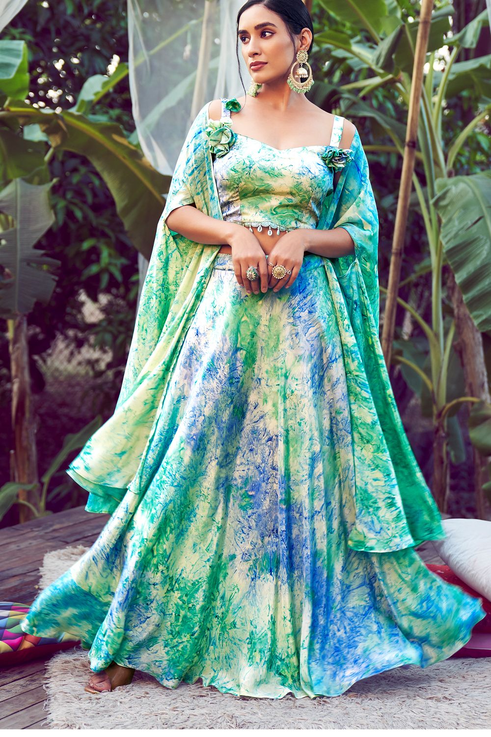 Blue Multicolor Printed Silk Lehenga Set With  Dupatta
