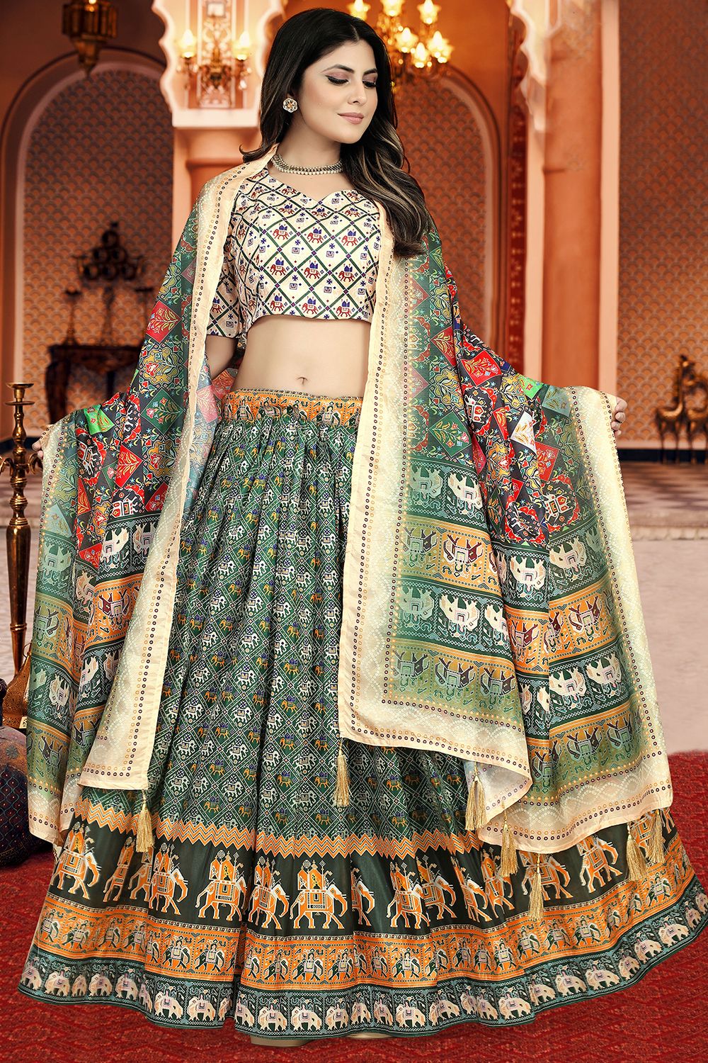 Green Dola Silk Printed Lehenga Set