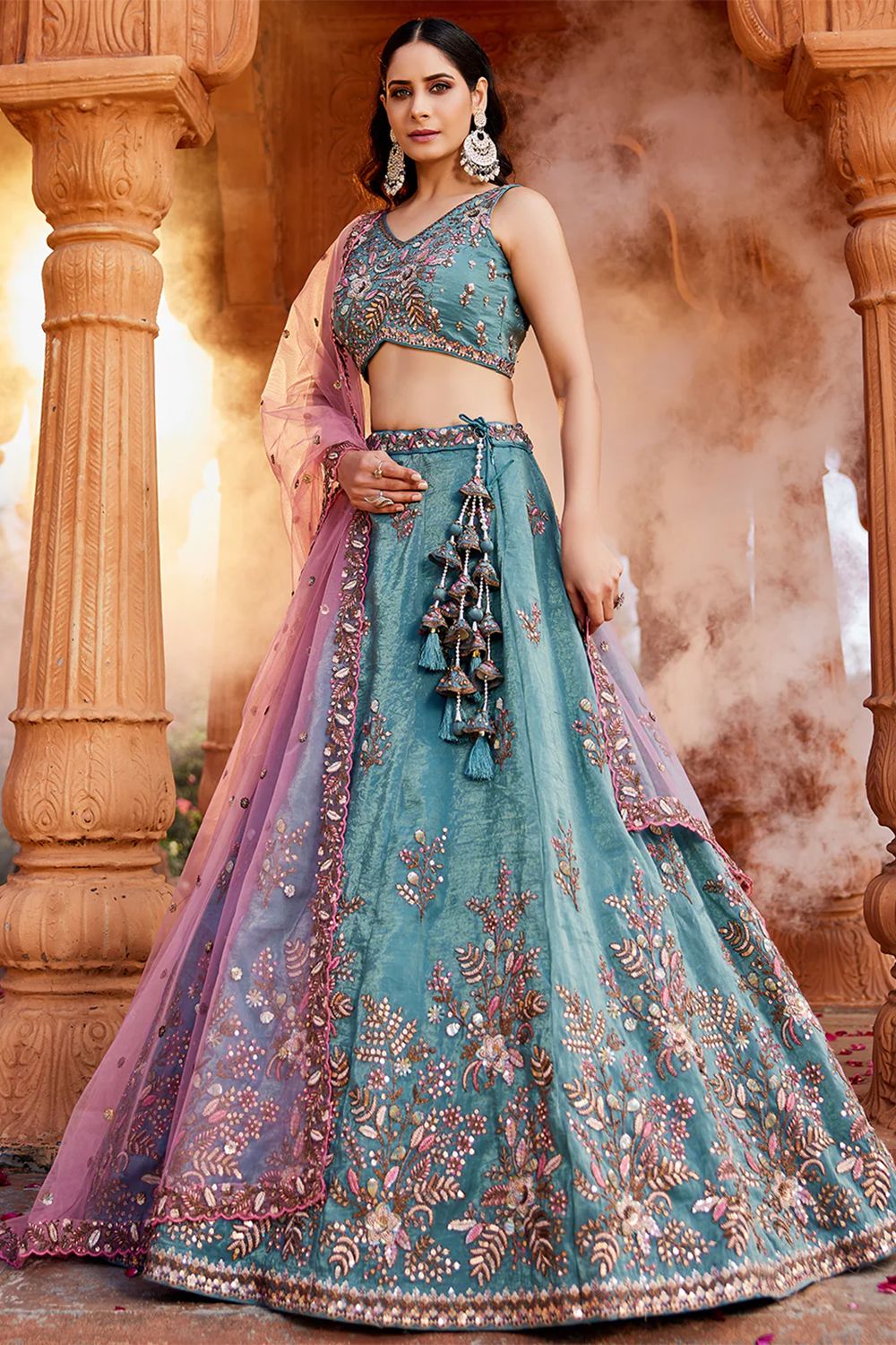 Blue Embroidered Tissue Lehenga