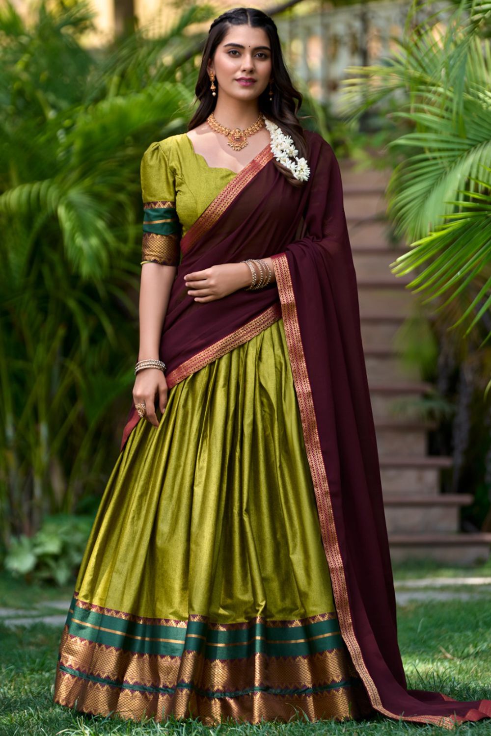 Pear Green Silk Lehenga.