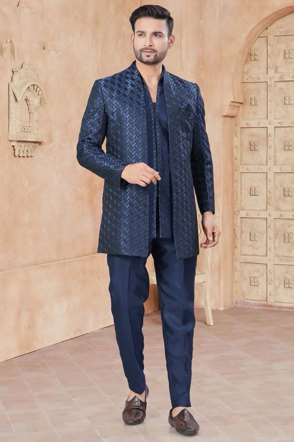 Navy Blue Art Silk Woven Indo Western Suit