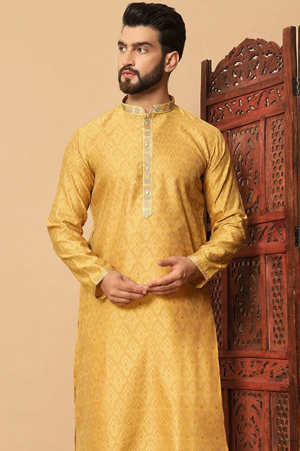 Yellow Jacquard Men's Kurta Pajama