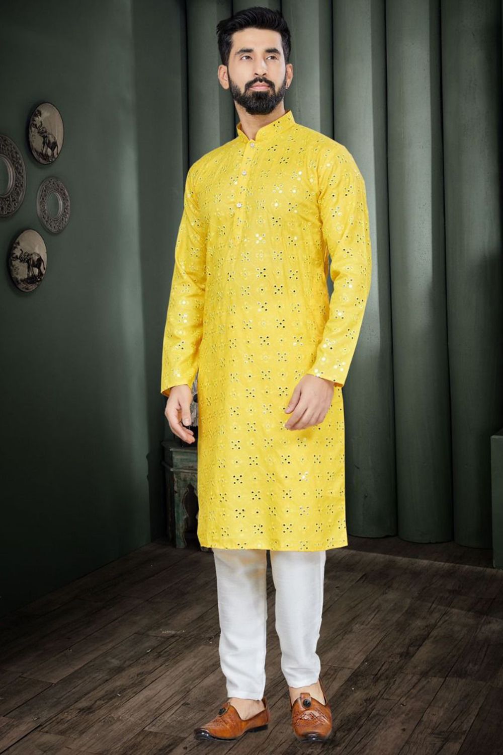 Yellow Cotton Embroidered Kurta Pyjama