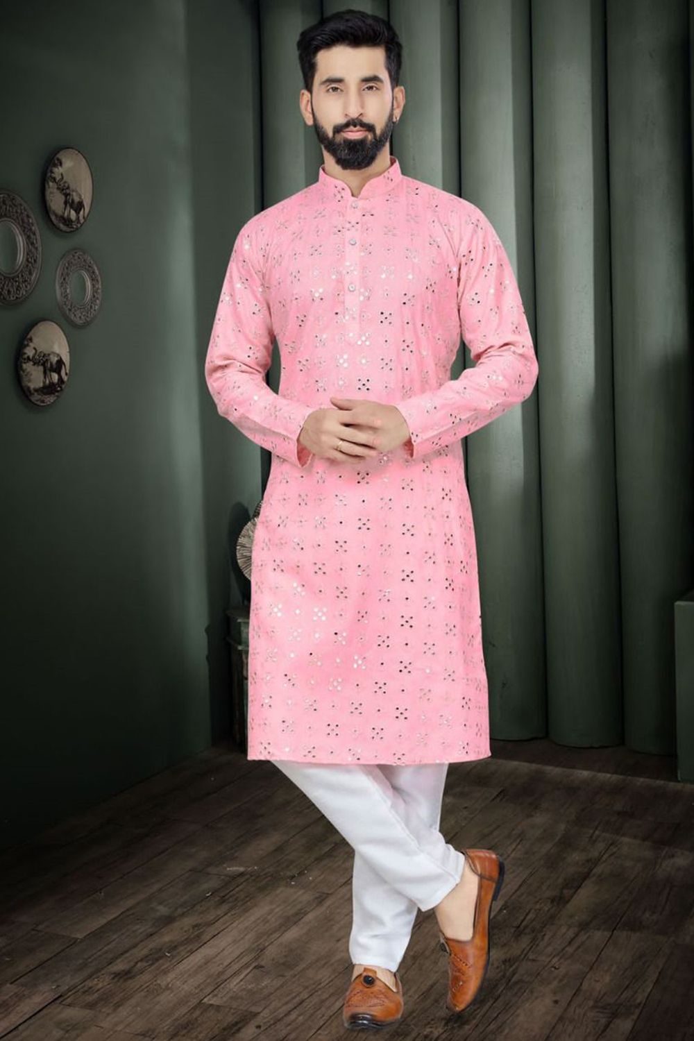 Pink Cotton Embroidered Kurta Pyjama