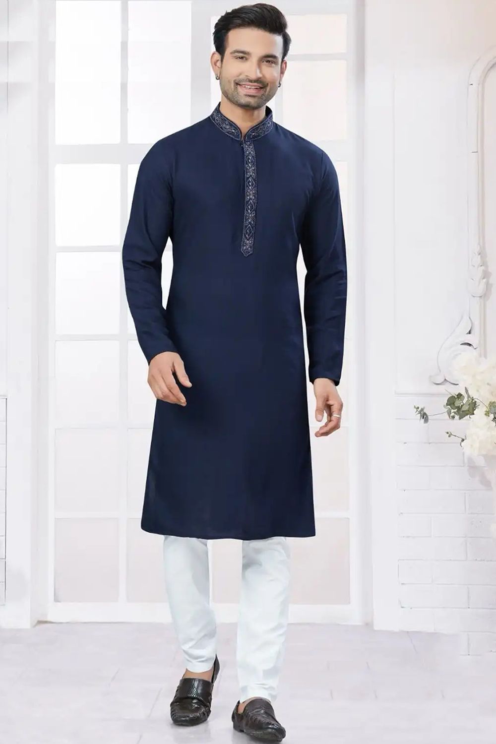 Dark Blue Poly Cotton Ethnic Kurta Set