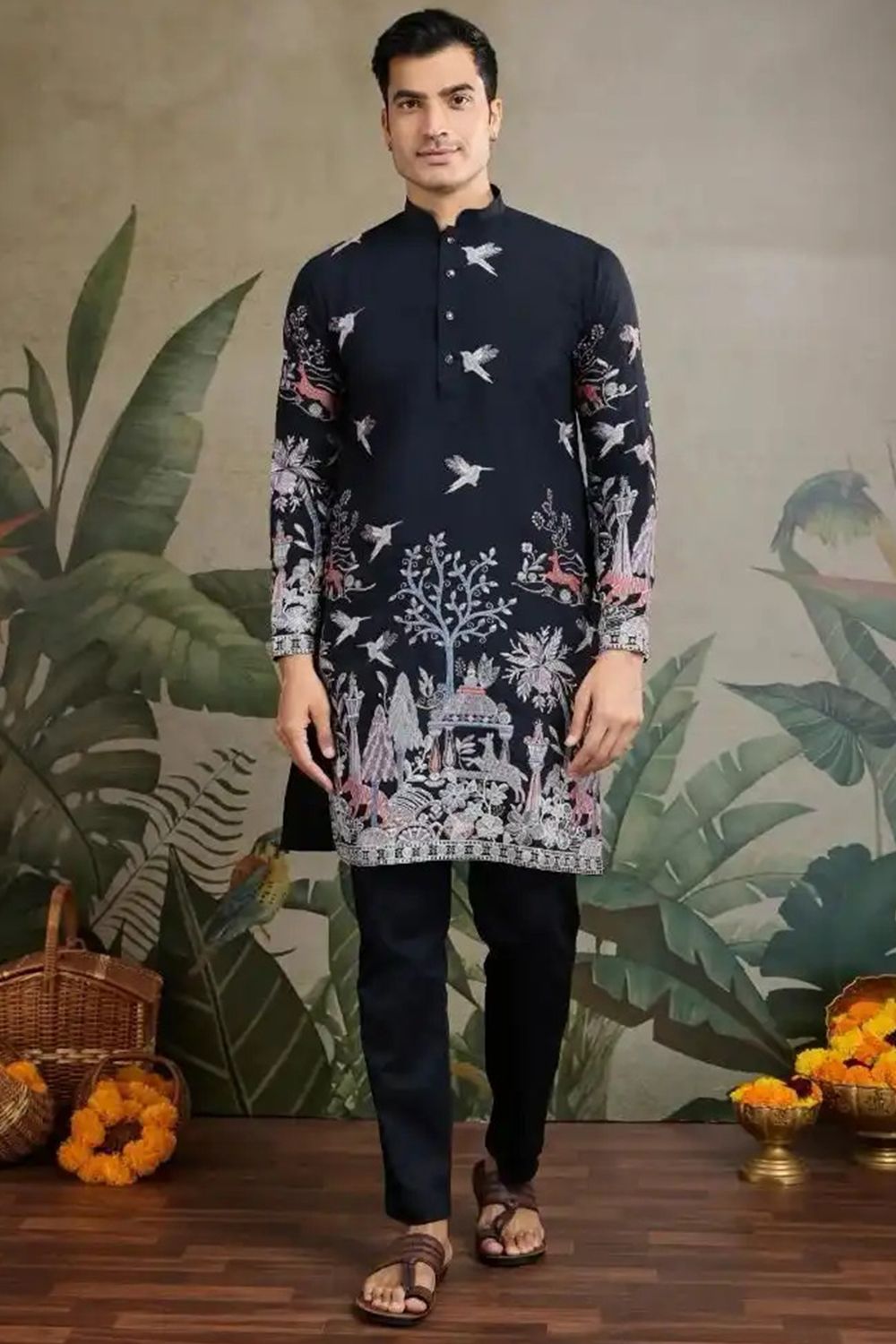 Black Embroidered Viscose Silk Kurta