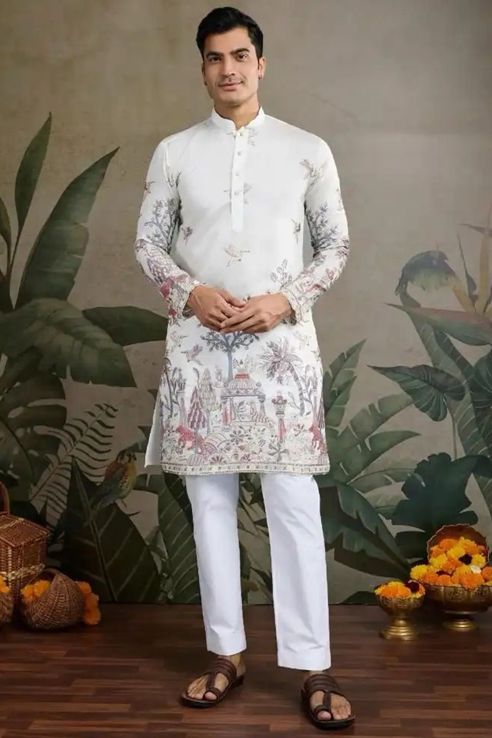 Off White Embroidered Viscose Silk Kurta