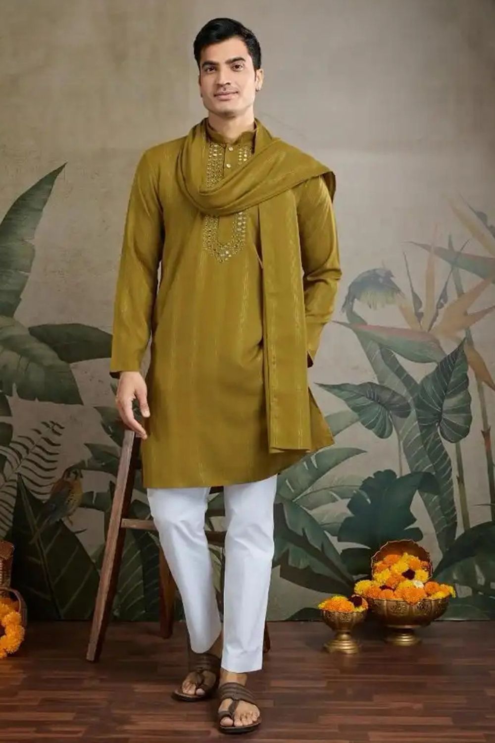 Yellow Viscose Silk Kurta with Dupatta