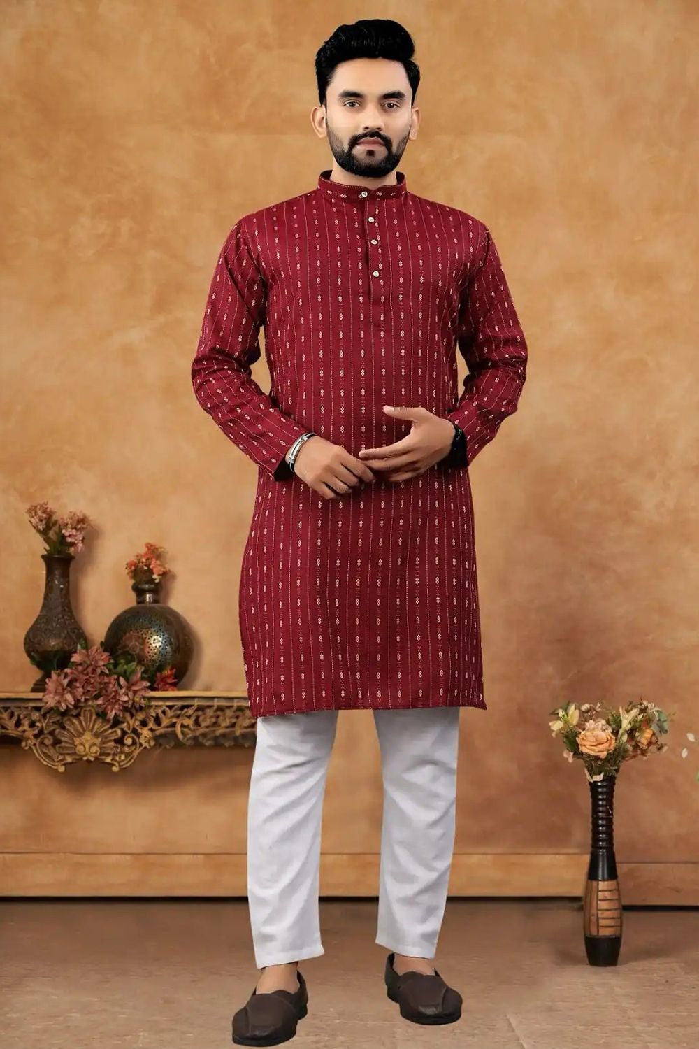 Maroon Cotton Striped Regular Fit Kurta.