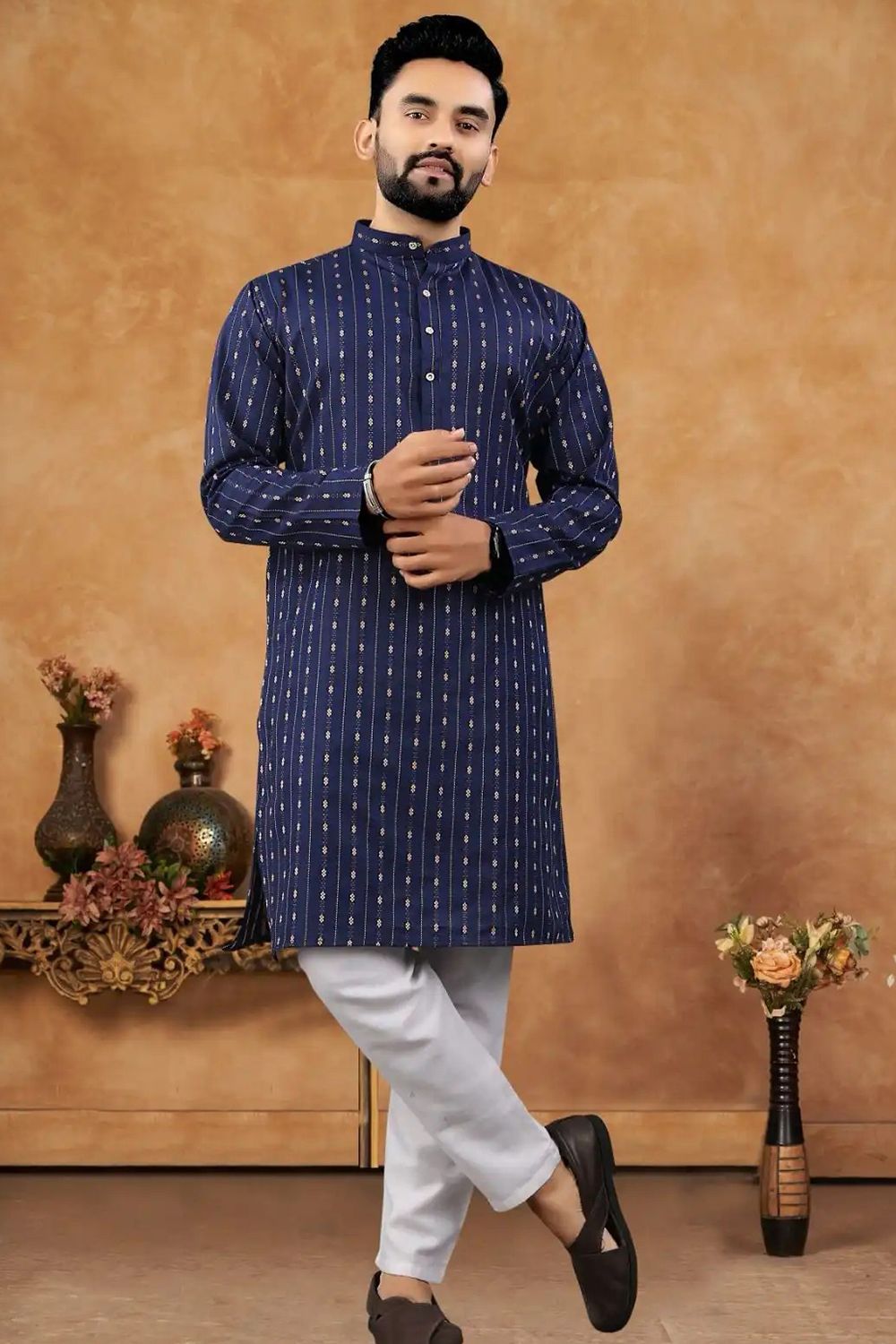 Dark Blue Cotton Striped Regular Fit Kurta.