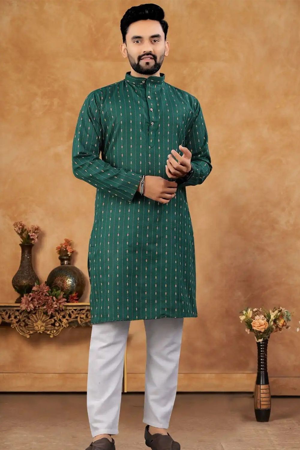 Dark Green Cotton Striped Regular Fit Kurta.
