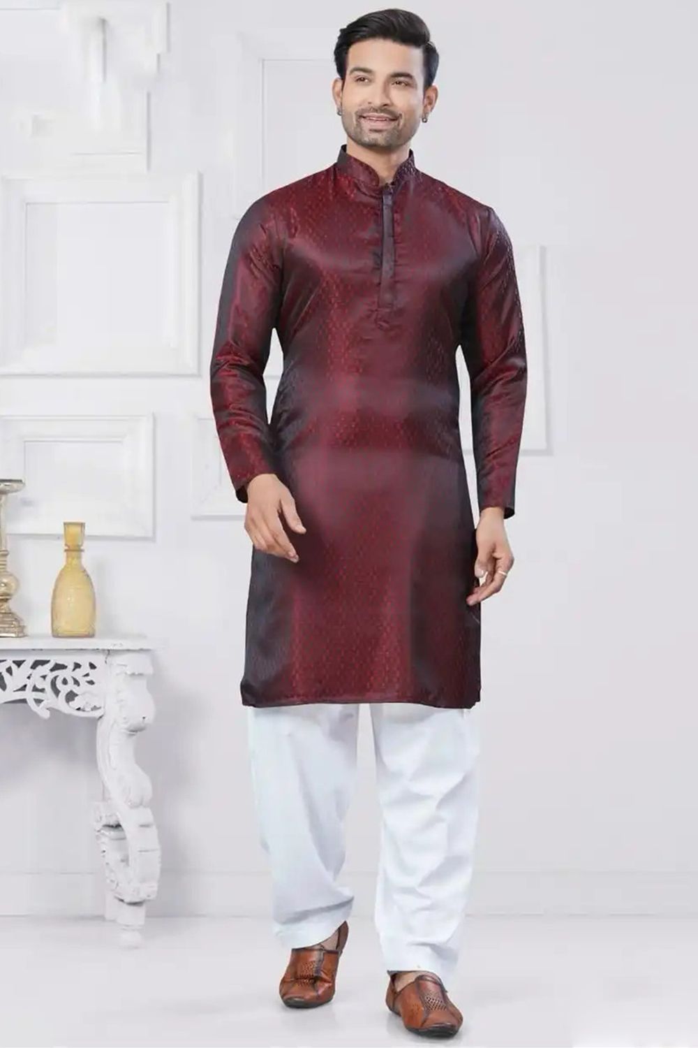 Maroon Jacquard Silk Kurta