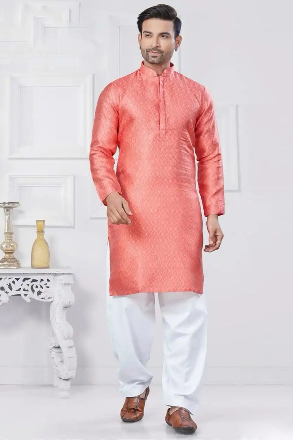 Peach Jacquard Silk Kurta