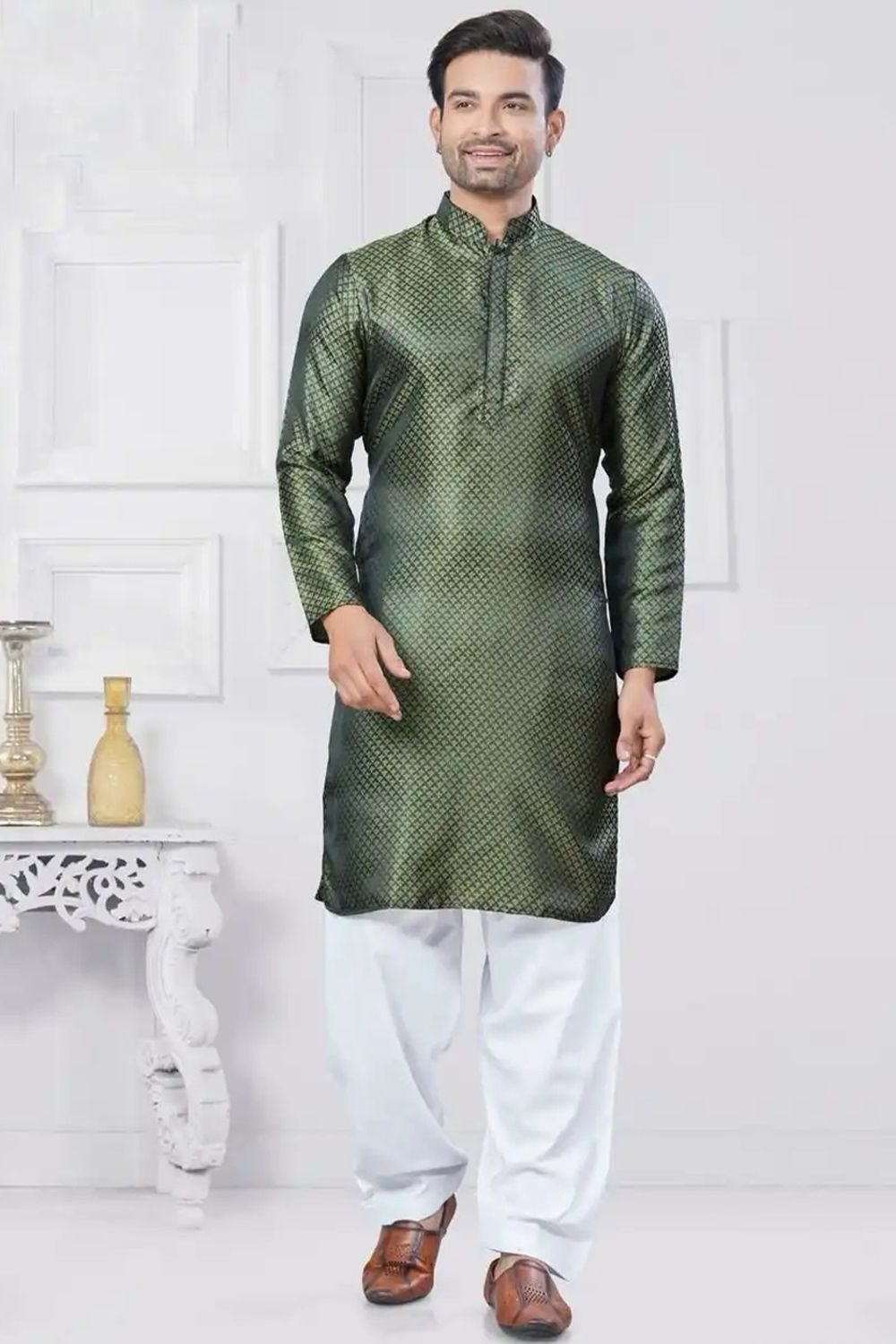 Olive Green Jacquard Silk Kurta