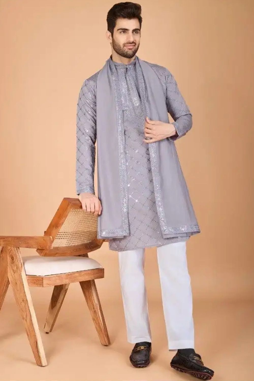 Grey Viscose Embroidered Kurta