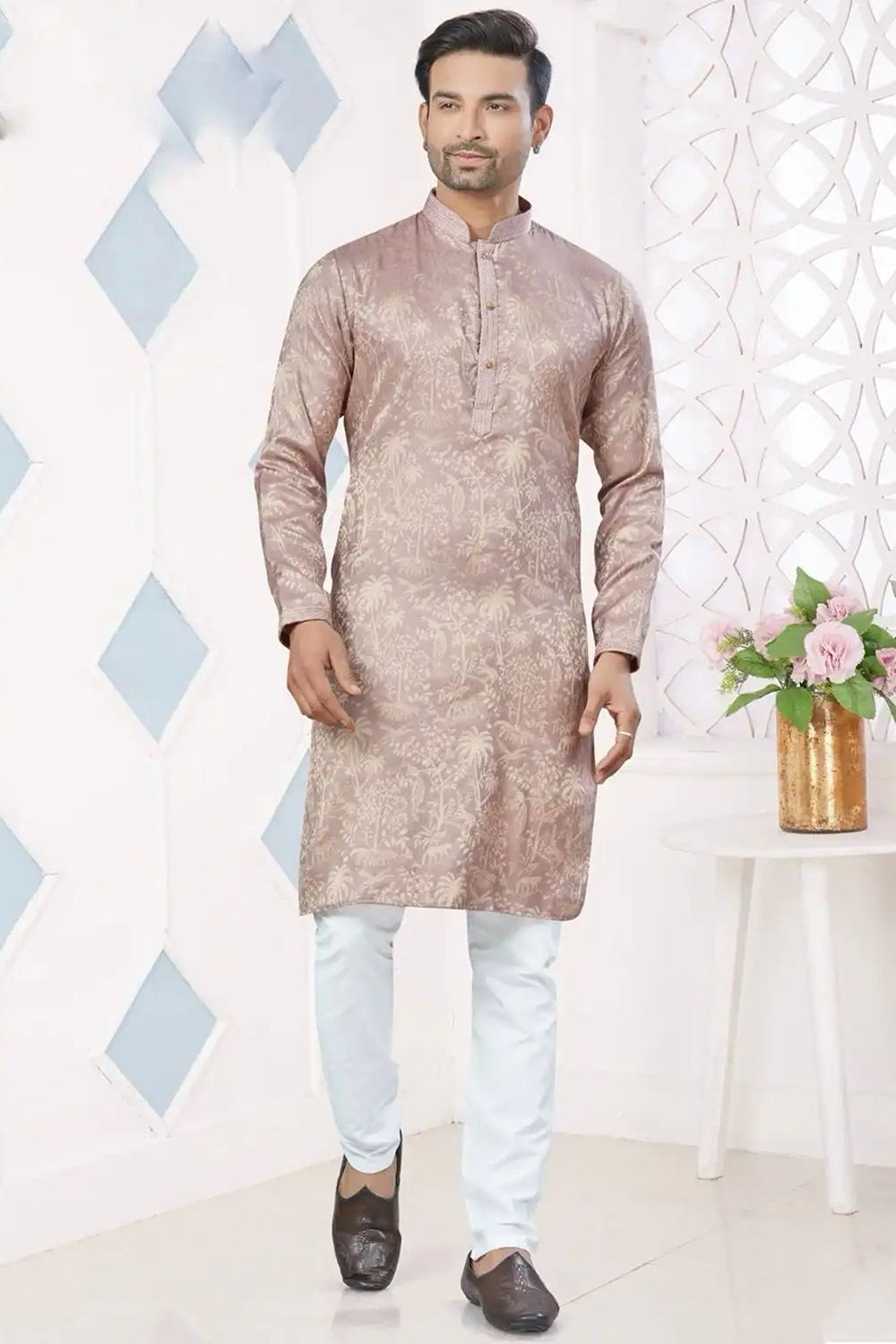 Rose Gold Woven Art Silk Kurta Set