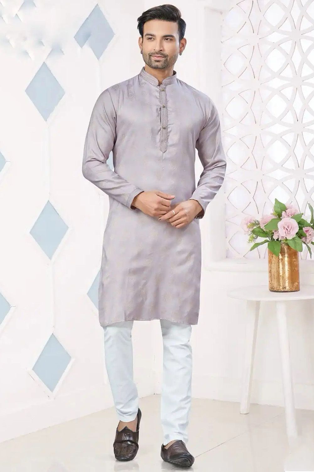 Light Purple Woven Art Silk Kurta Set