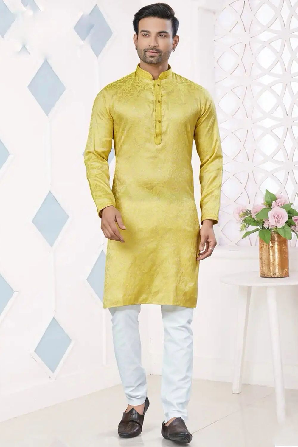 Yellow Woven Art Silk Kurta Set