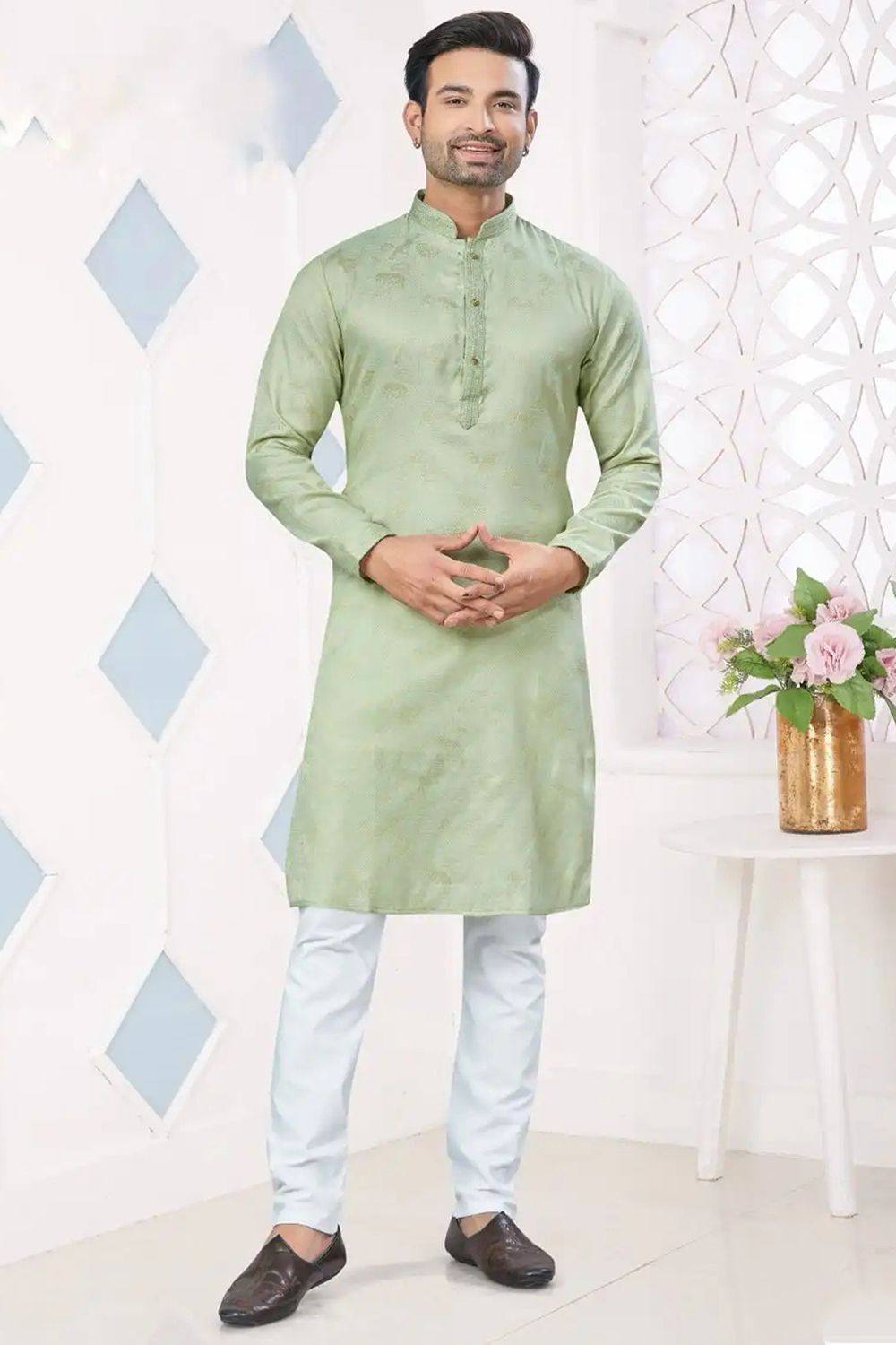 Light Green Woven Art Silk Kurta Set
