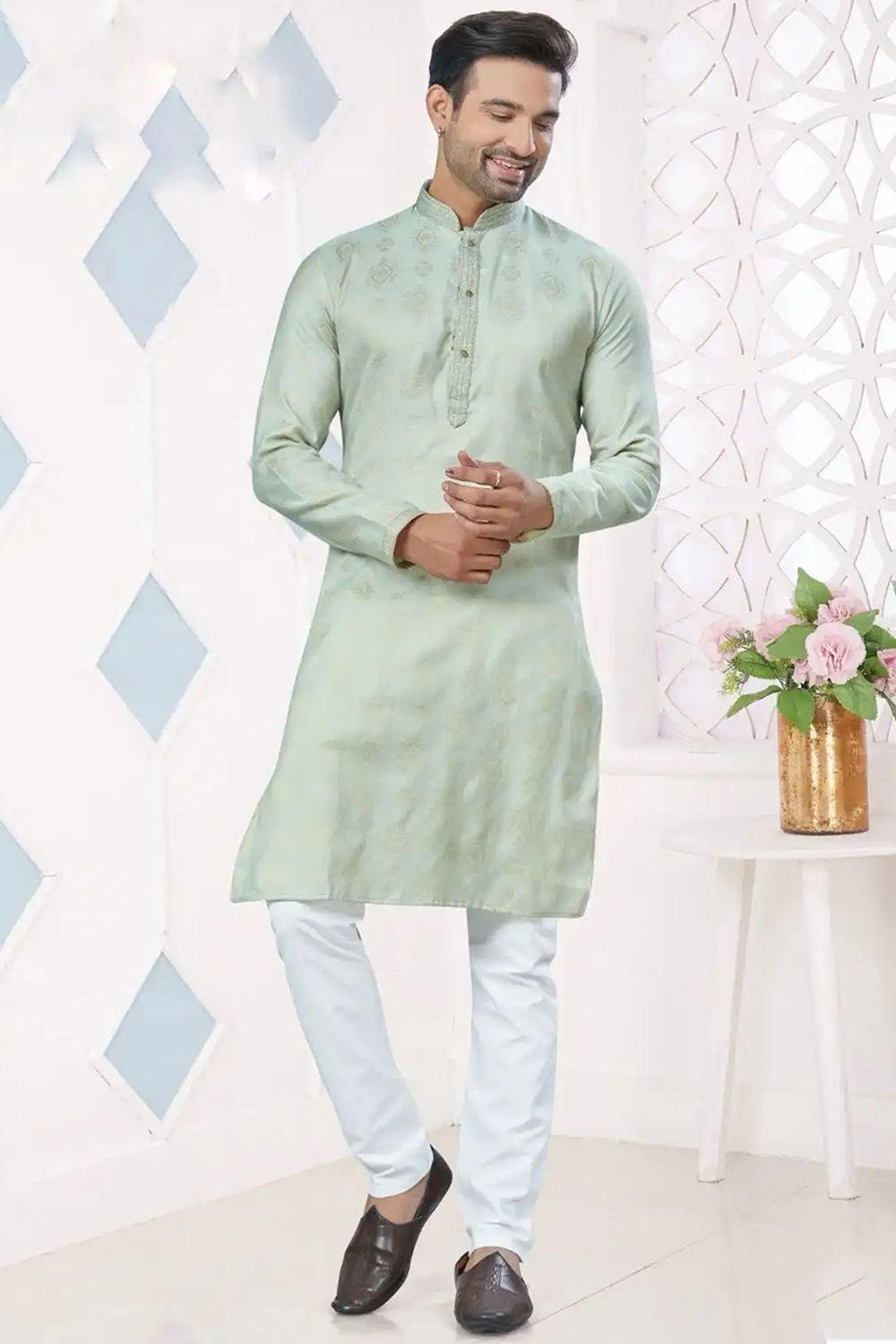 Sea Green Woven Art Silk Kurta Set