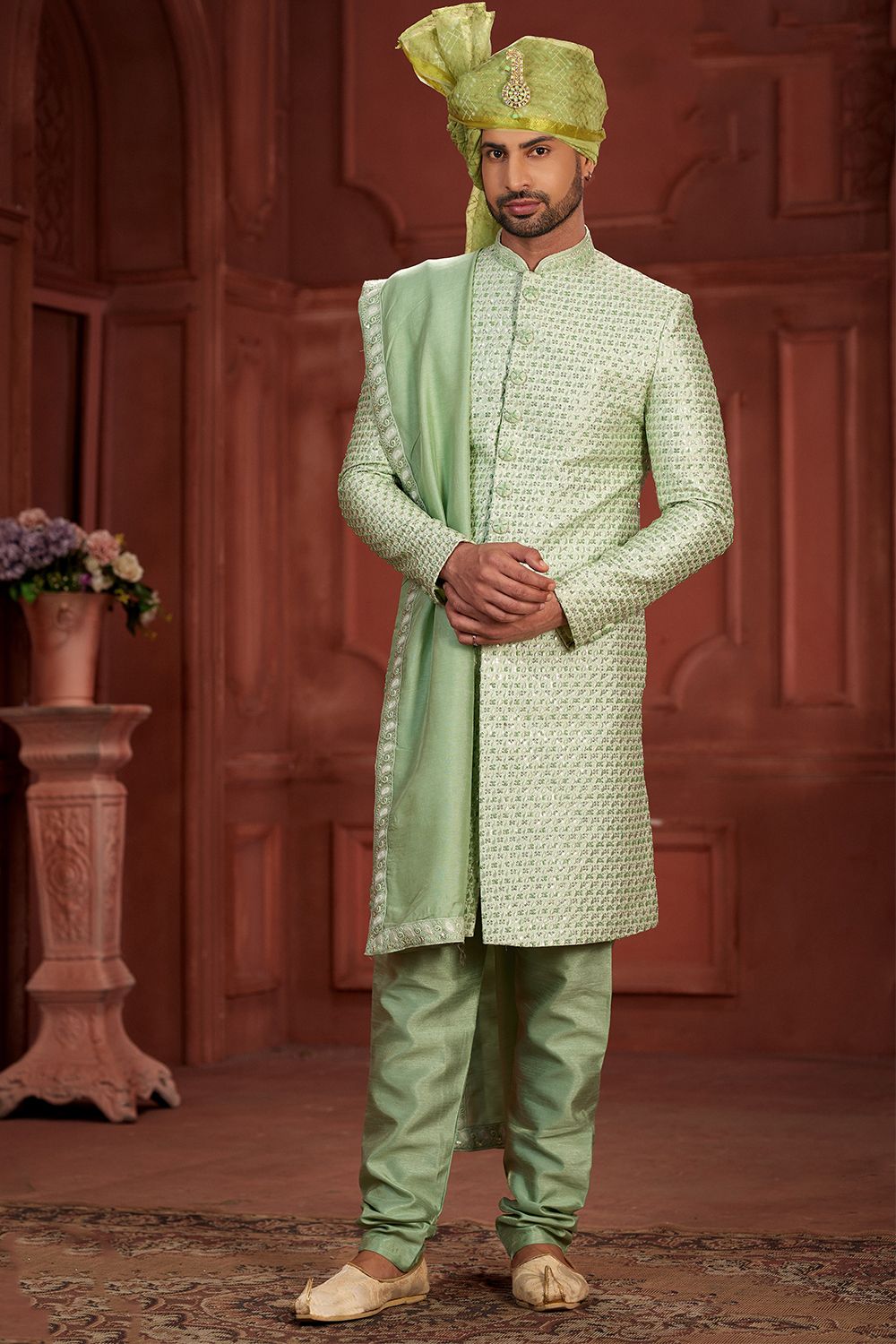 Green Embroidered Silk Sherwani Set