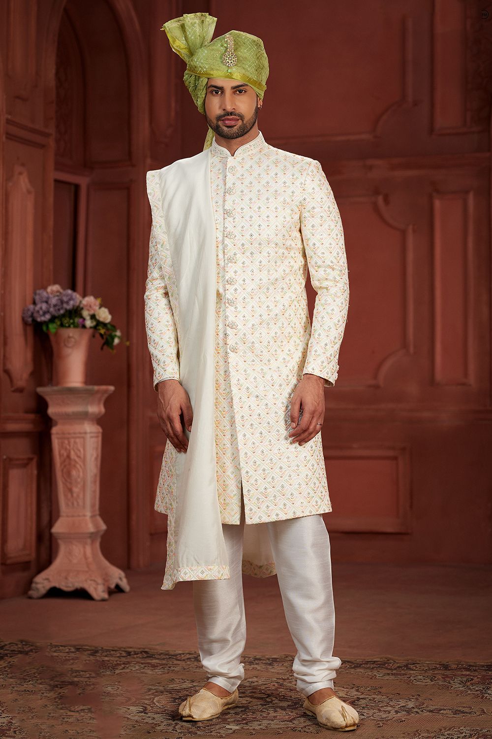 Cream Embroidered Silk Sherwani Set