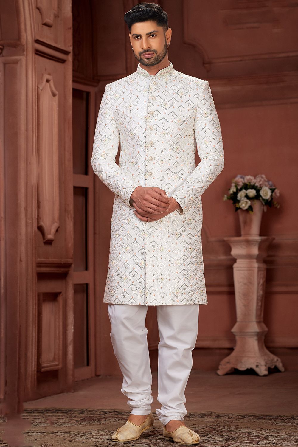 White Embroidered Silk Sherwani Set