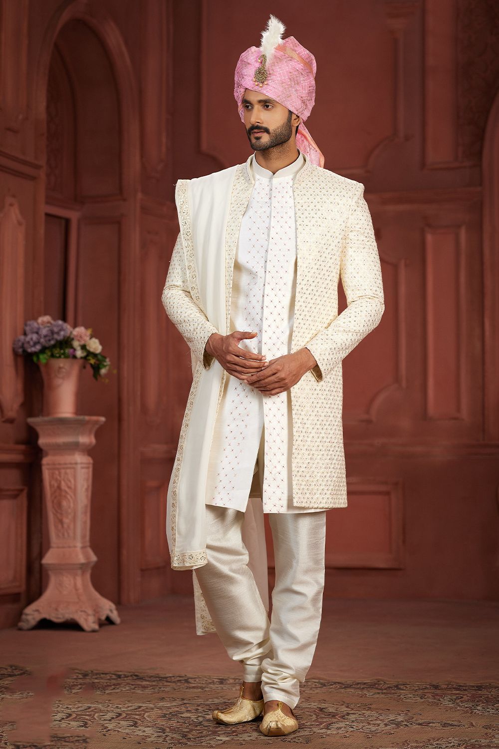 Off White Embroidered Pure Silk Sherwani Set