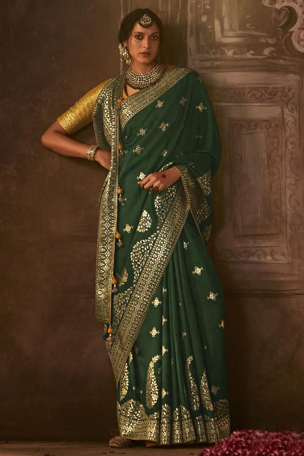 Dark Green Silk Ethnic Embroidered Saree