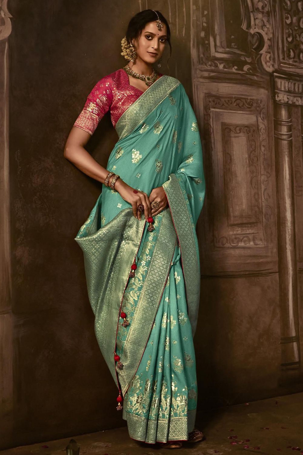 Turquoise Blue Silk Ethnic Embroidered Saree