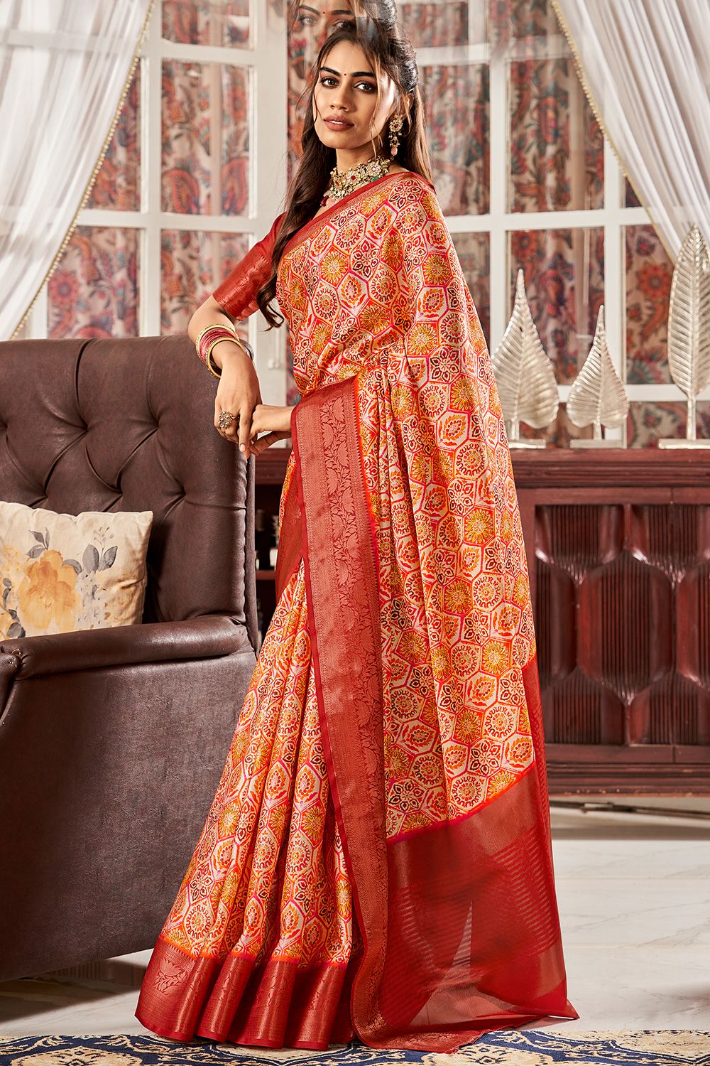 Orange Satin Digital Printed Saree