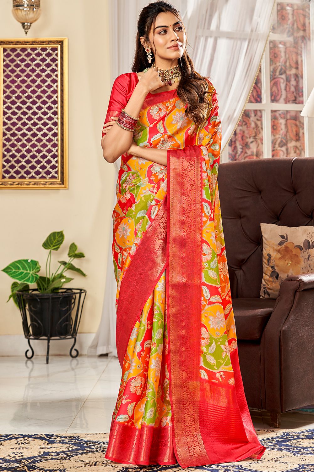 Red Floral Printed Satin Light Weight Saree