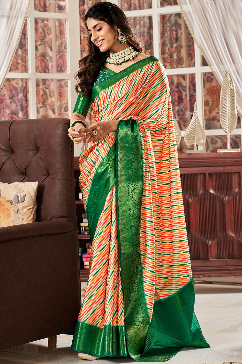 Orange and Green Satin Digital Printed Saree