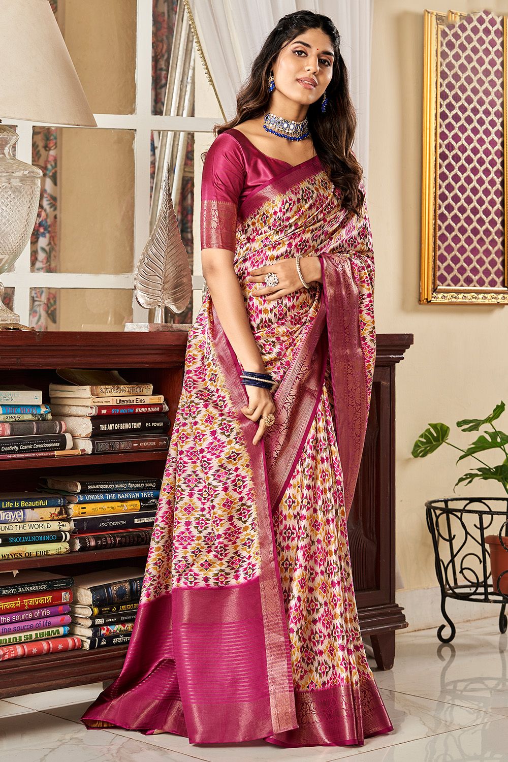Magenta Printed Satin Saree