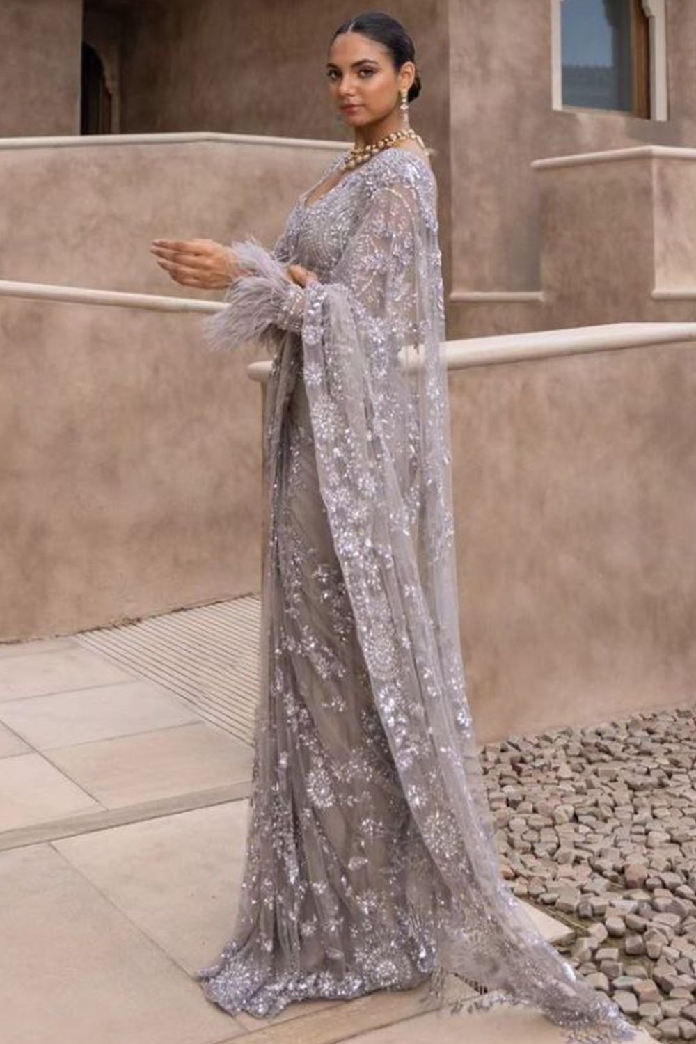 Grey Net Sequence Work Fancy Saree