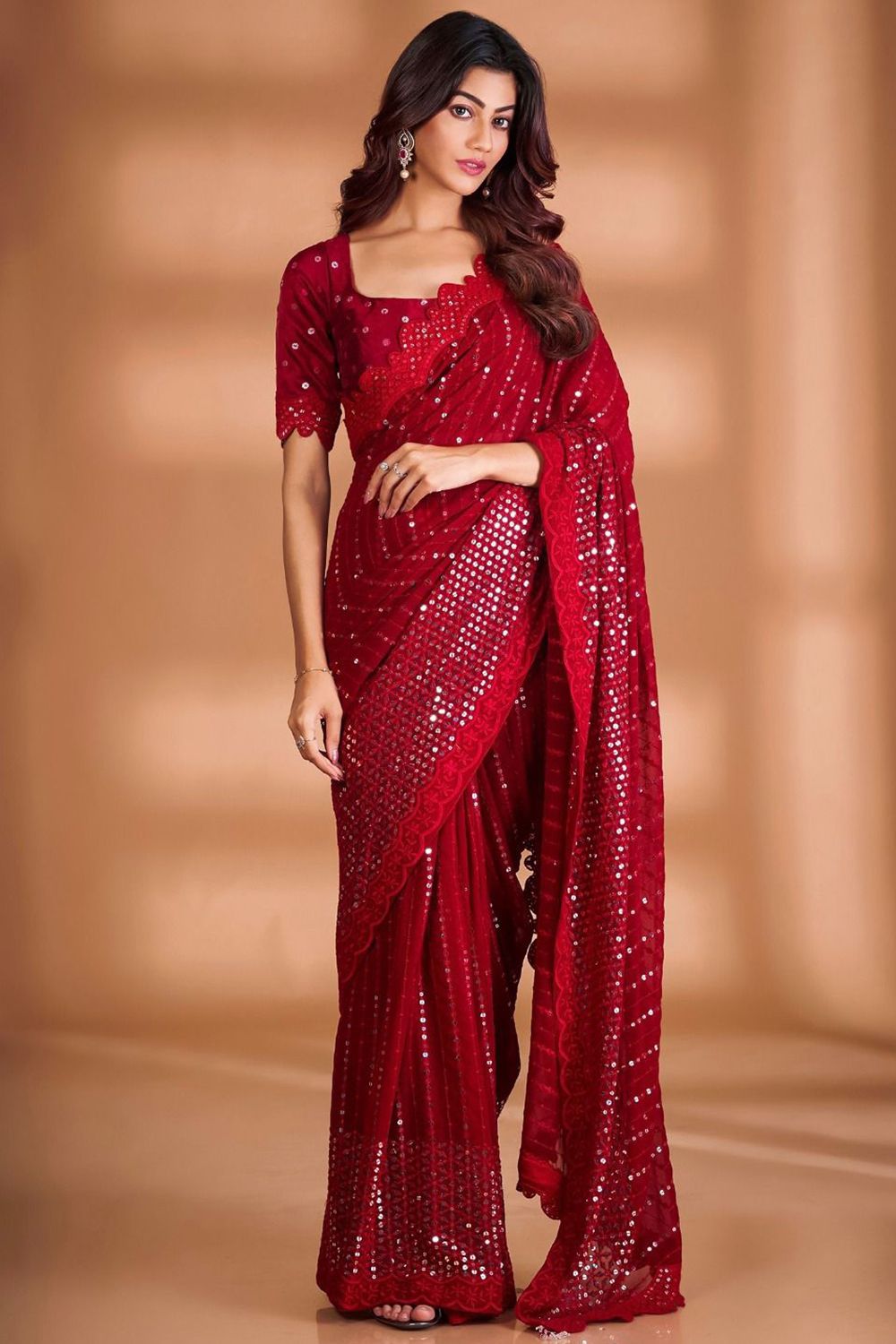 Red Embroidered Georgette Scalloped Saree