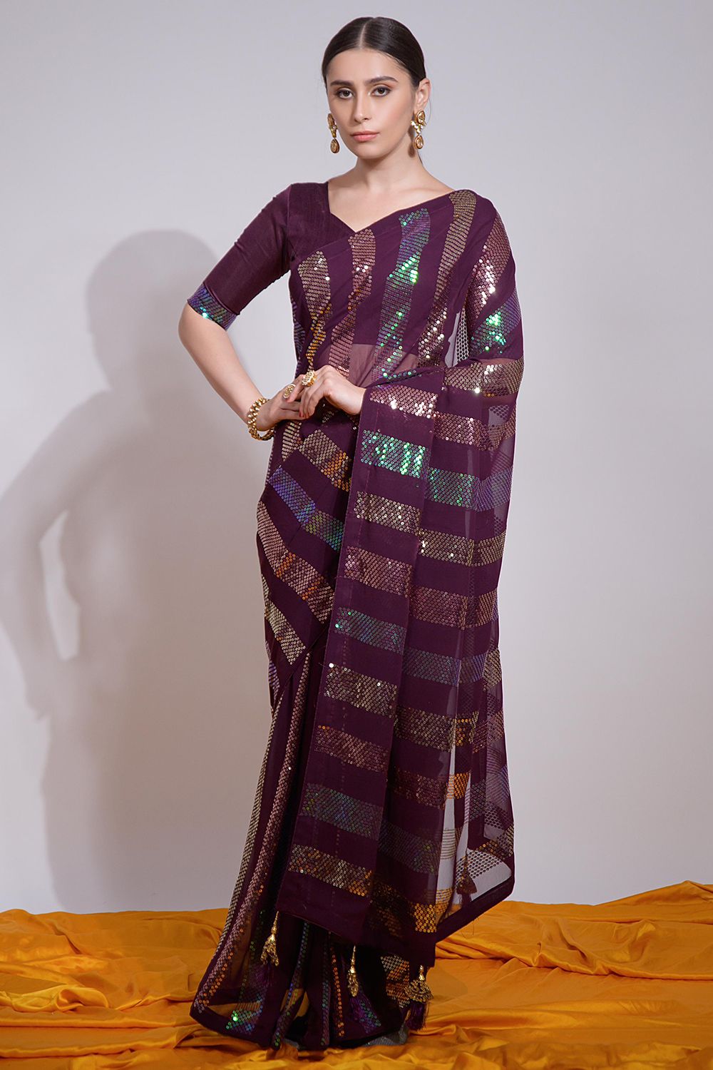 Wine Sequins Embroidered Georgette Saree