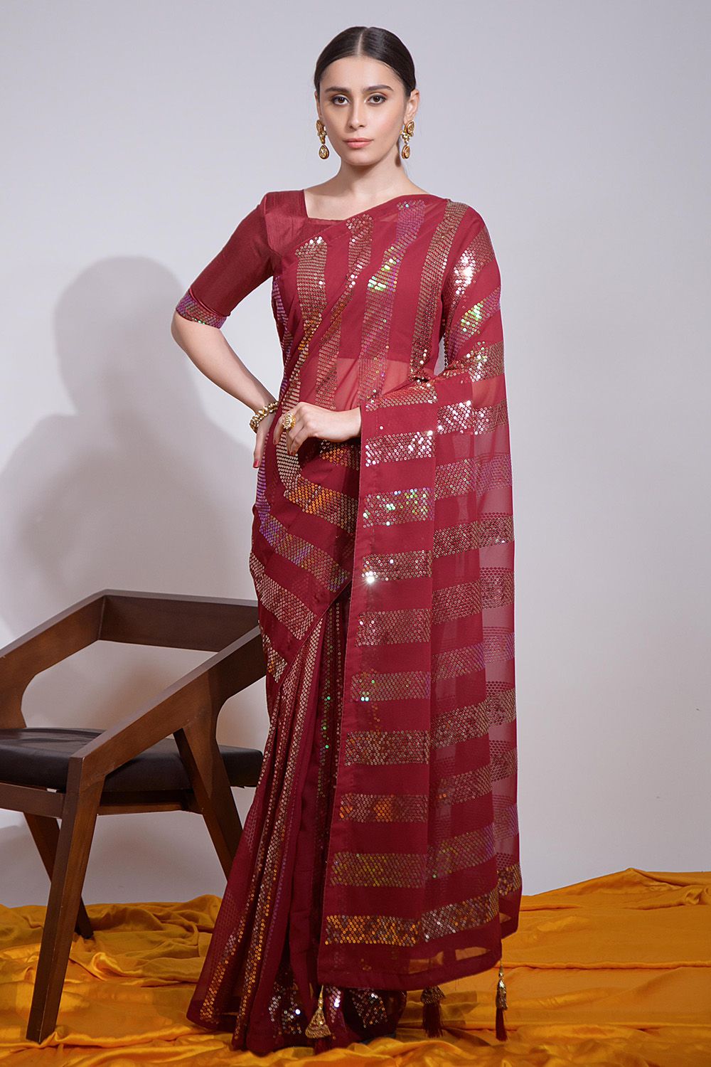 Maroon Sequins Embroidered Georgette Saree