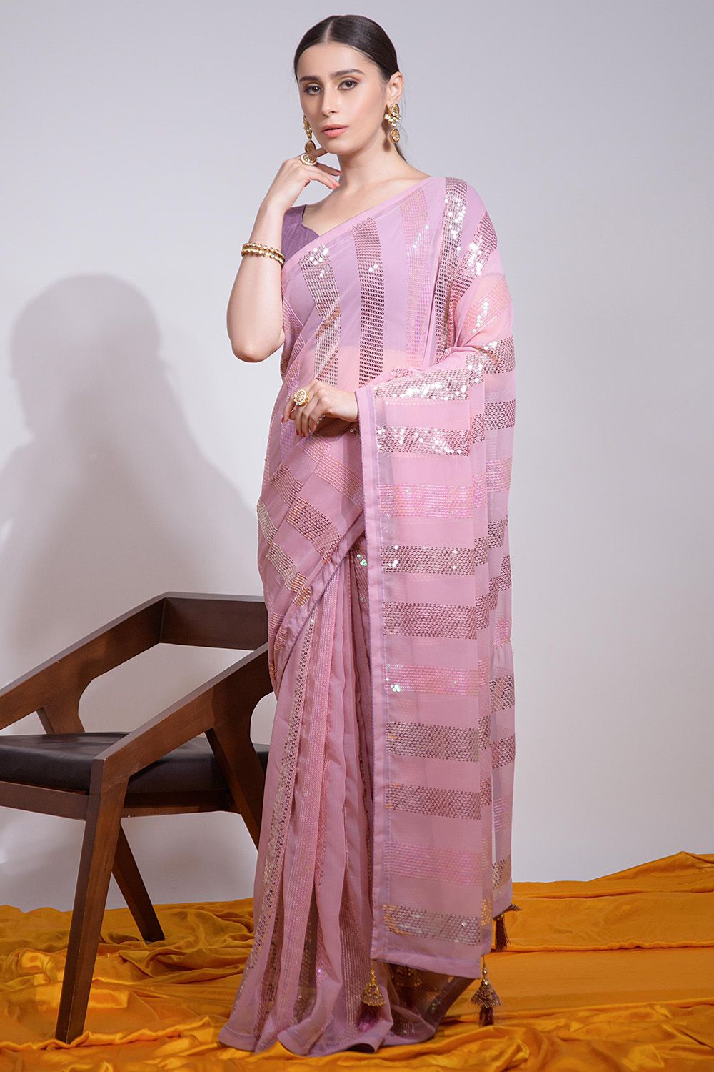 Lavender Pink Sequins Embroidered Georgette Saree