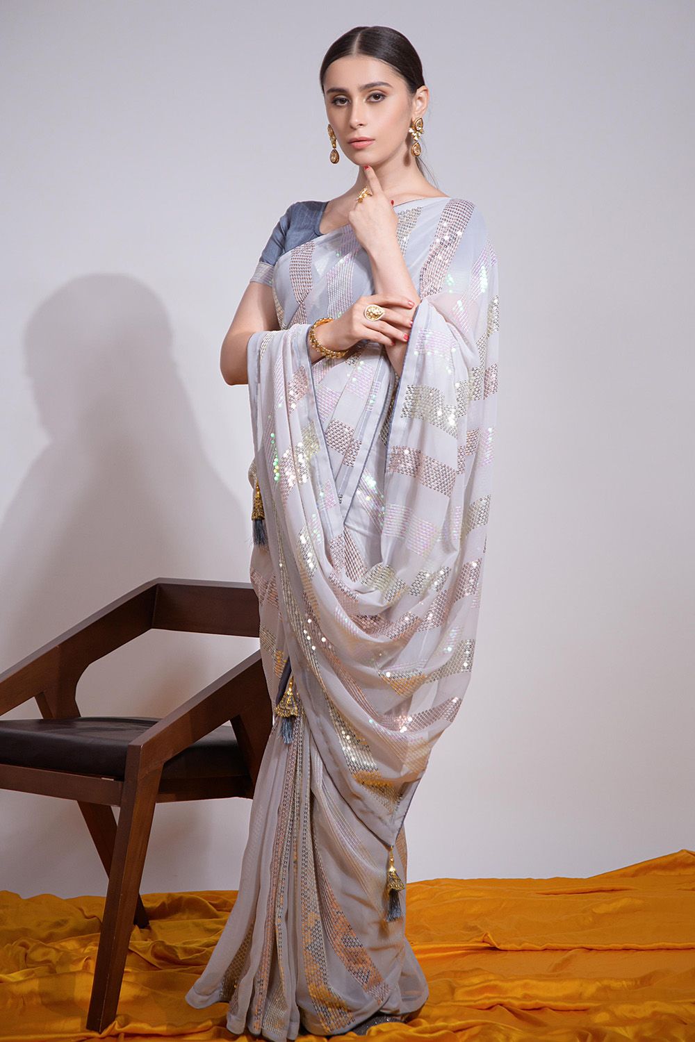 Silver Sequins Embroidered Georgette Saree
