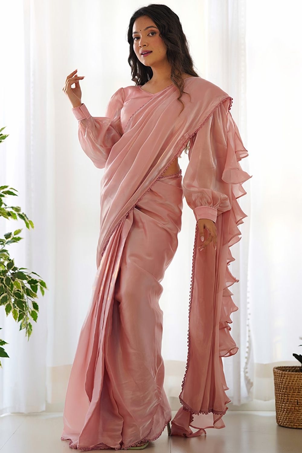 Peach Organza Ruffle Saree 
