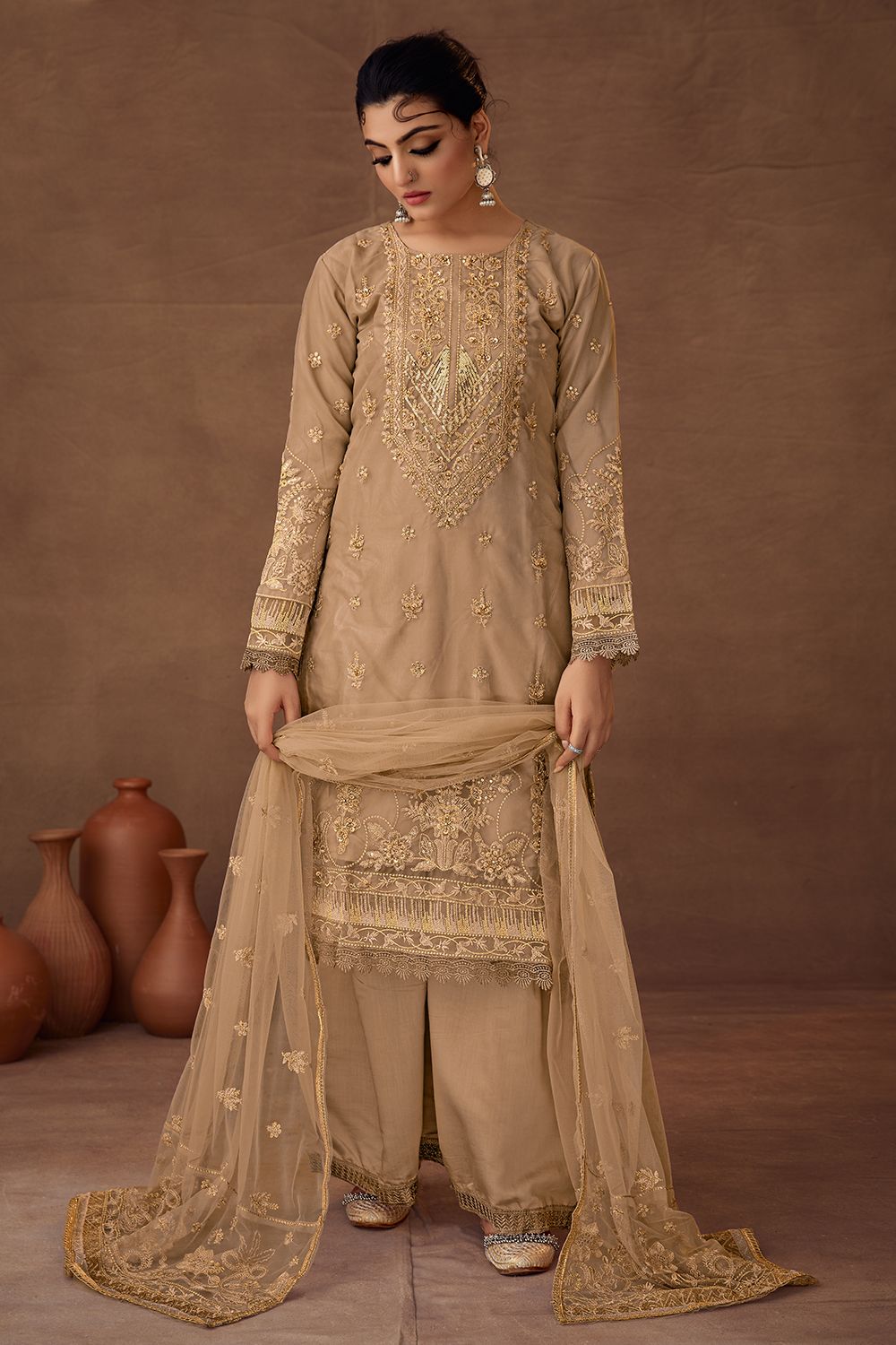 Dark Beige Embroidered Organza Suit Set