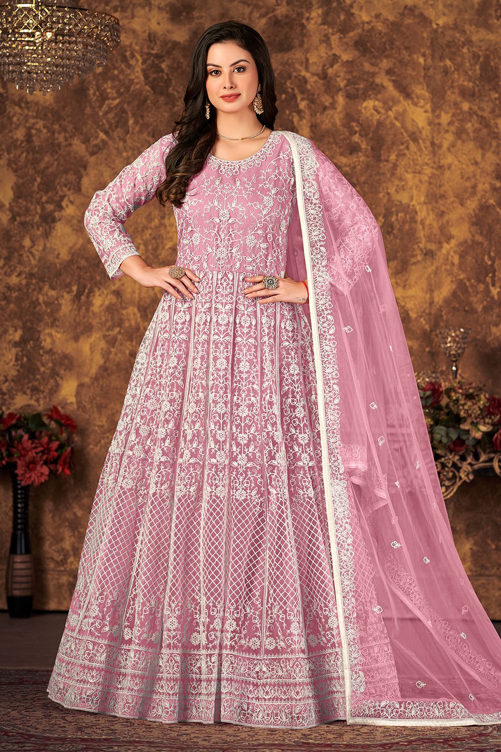 Pastel Pink Net Churidar Anarkali Suit 