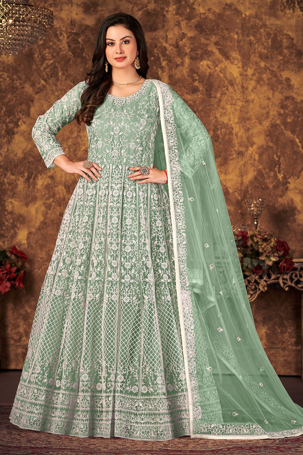 Pastel Green Net Churidar Anarkali Suit 