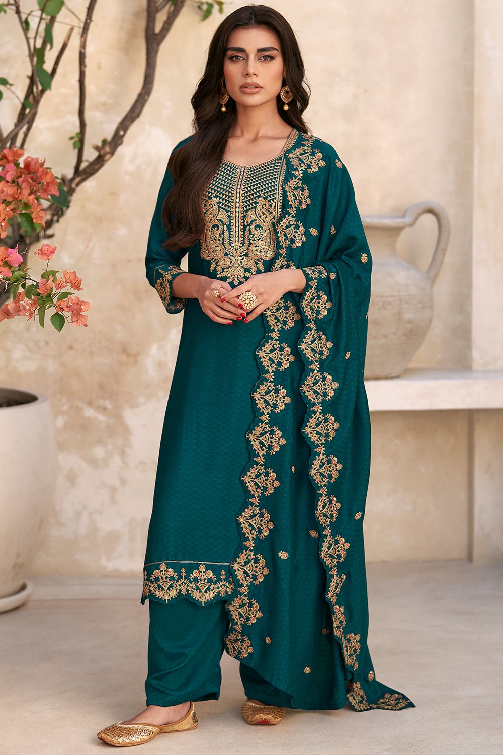 Green Embroidered Suit Silk Set