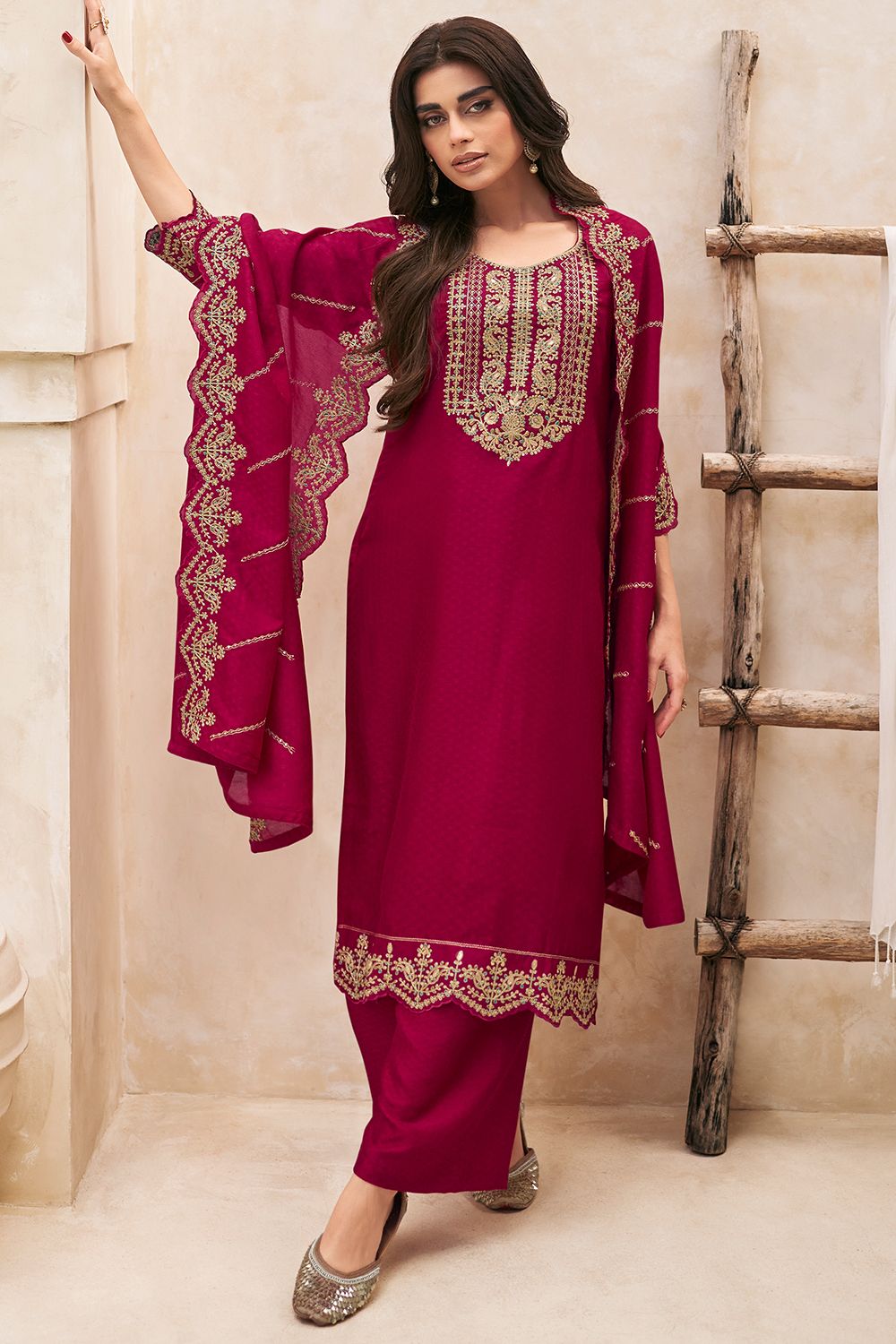 Hot Pink Embroidered Suit Silk Set