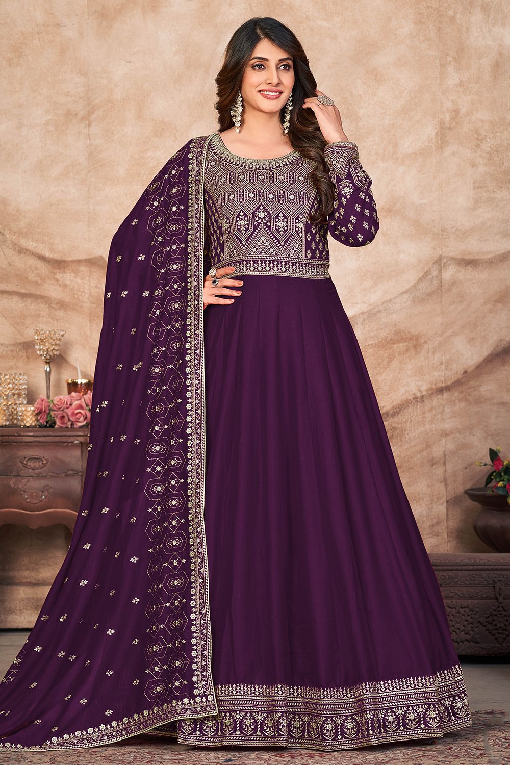 Purple Sequence Embroidered Art Silk Anarkali Suit.